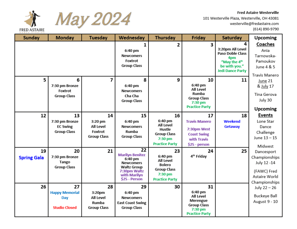 Our Studio's Calendar May 2024